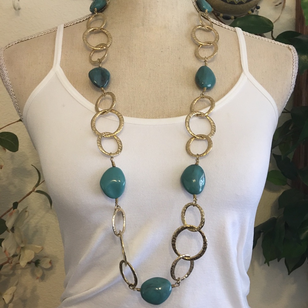 Faux turquoise hammered gold disc long necklace